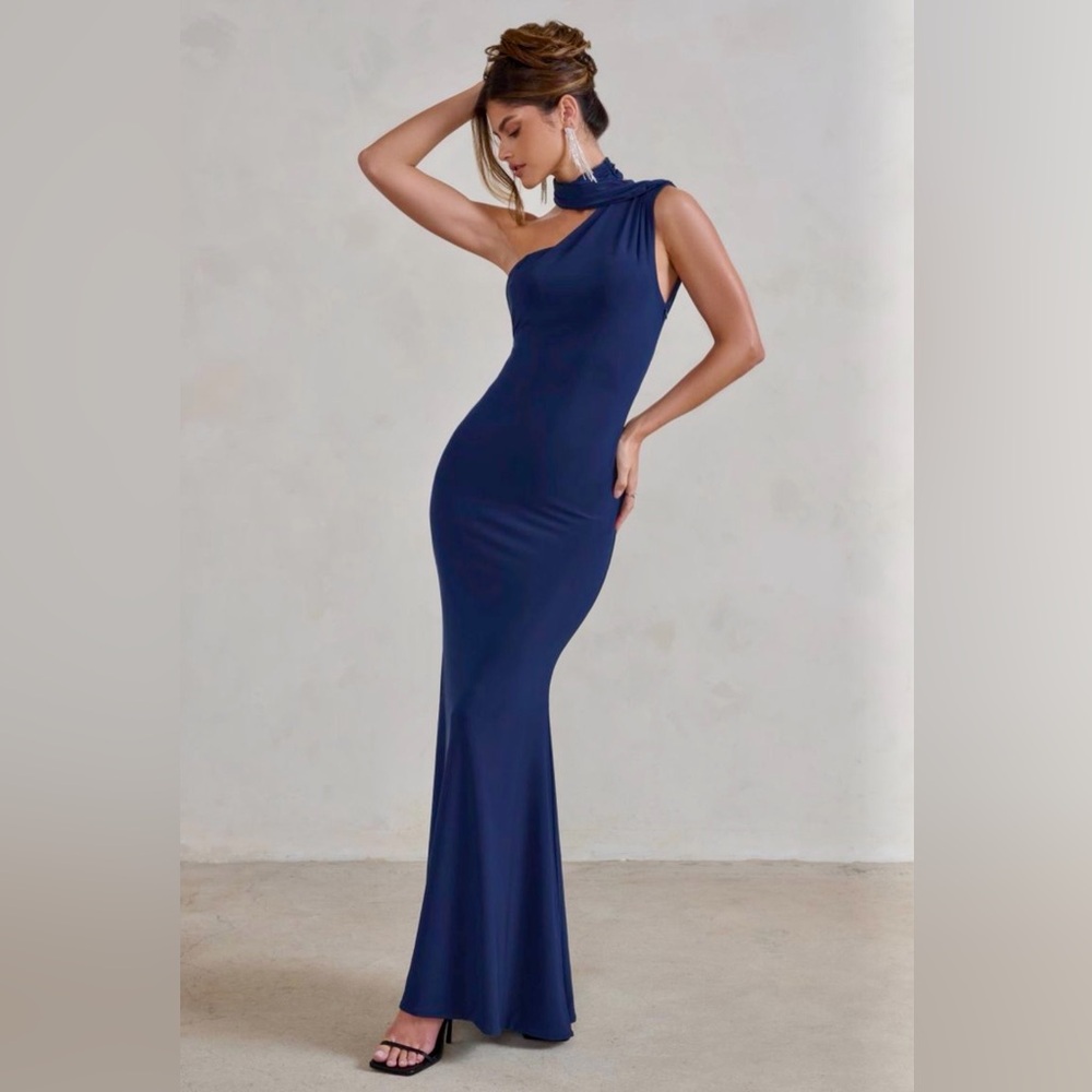 Club L London Midnight Blue One-Shoulder Gown